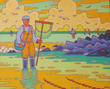 Peinture intitulée "Pêche à pied" par Gilles Mével, Œuvre d'art originale