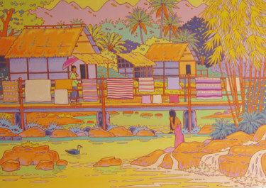 Painting titled "Rivière au Laos" by Gilles Mével, Original Artwork