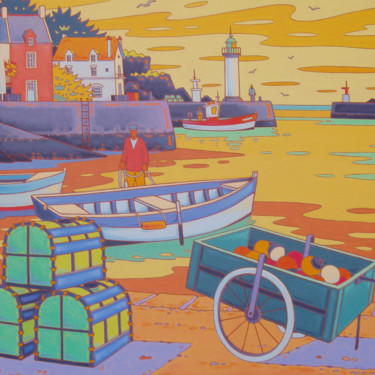 Painting titled "Sauzon, Belle Ile" by Gilles Mével, Original Artwork, Acrylic Mounted on Wood Stretcher frame