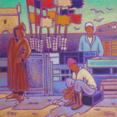 Painting titled "Pêcheurs à Essaouira" by Gilles Mével, Original Artwork, Pastel Mounted on Cardboard