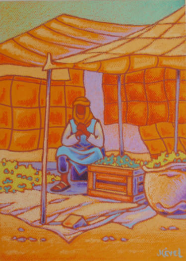 Painting titled "marchand de menthe" by Gilles Mével, Original Artwork, Pastel Mounted on Cardboard