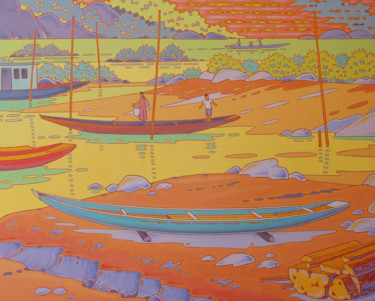 Painting titled "Barques sur la Nam…" by Gilles Mével, Original Artwork, Acrylic Mounted on Wood Stretcher frame