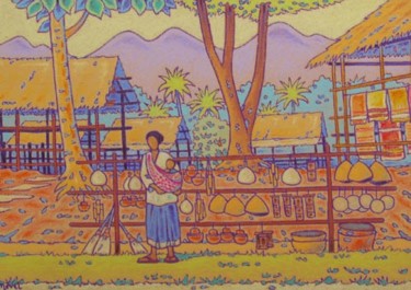 Pintura titulada "village lao" por Gilles Mével, Obra de arte original, Pastel