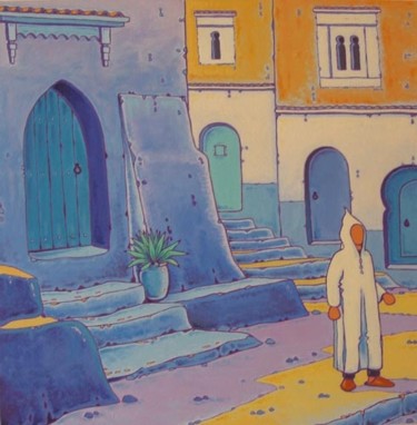 Painting titled "Rue de Chefchaouen" by Gilles Mével, Original Artwork, Acrylic Mounted on Wood Stretcher frame