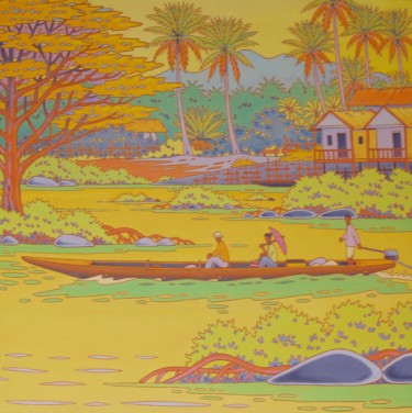 Pintura intitulada "sur le mekong" por Gilles Mével, Obras de arte originais