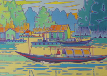 「baie d'along en bleu」というタイトルの絵画 Gilles Mévelによって, オリジナルのアートワーク, アクリル ウッドストレッチャーフレームにマウント