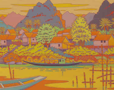 Malerei mit dem Titel "la Nam Ou au Laos" von Gilles Mével, Original-Kunstwerk, Acryl Auf Keilrahmen aus Holz montiert