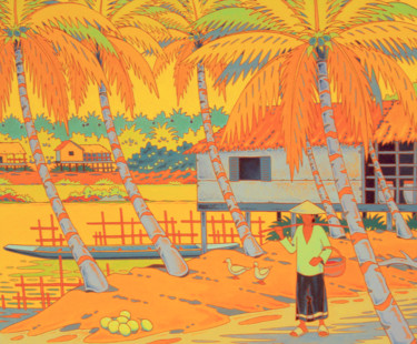 Pintura intitulada "le mekong au laos" por Gilles Mével, Obras de arte originais, Acrílico Montado em Armação em madeira