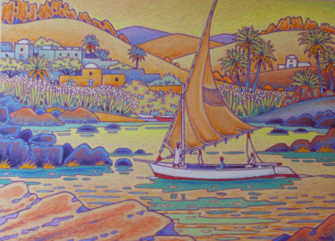 Peinture intitulée "le nil a aswan" par Gilles Mével, Œuvre d'art originale