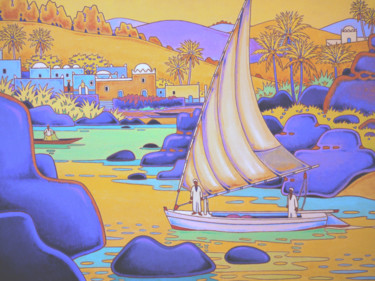 Pintura titulada "berge du nil à aswan" por Gilles Mével, Obra de arte original, Acrílico Montado en Bastidor de camilla de…