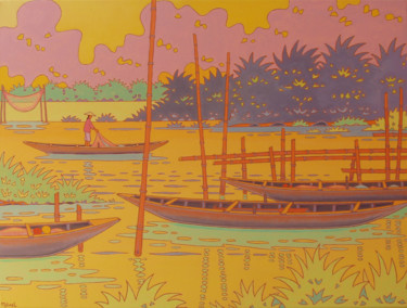 Painting titled "riviere viet-nam" by Gilles Mével, Original Artwork, Acrylic Mounted on Wood Stretcher frame