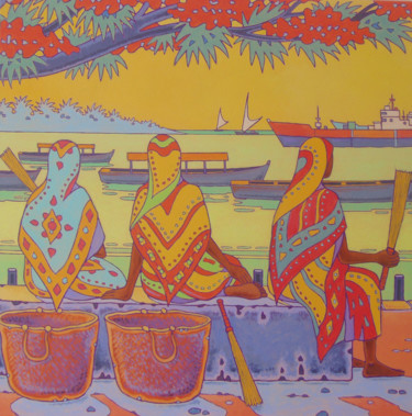 Painting titled "femmes de zanzibar" by Gilles Mével, Original Artwork, Acrylic Mounted on Wood Stretcher frame