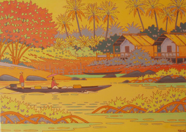 「le mekong.sud laos」というタイトルの絵画 Gilles Mévelによって, オリジナルのアートワーク, アクリル ウッドストレッチャーフレームにマウント