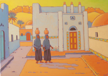 「nubiennes à assouan」というタイトルの絵画 Gilles Mévelによって, オリジナルのアートワーク, アクリル ウッドストレッチャーフレームにマウント