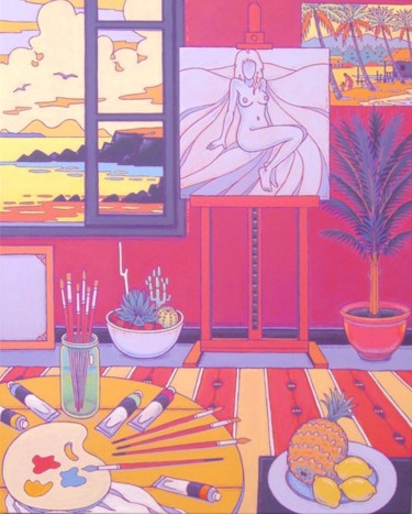 Peinture intitulée "l'atelier rouge" par Gilles Mével, Œuvre d'art originale, Acrylique