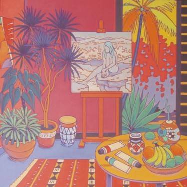 Painting titled "atelier jardin" by Gilles Mével, Original Artwork, Oil