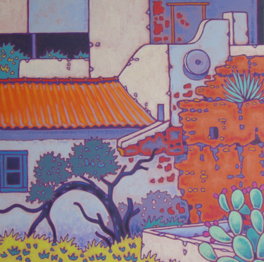 Painting titled "maison de village a…" by Gilles Mével, Original Artwork, Acrylic Mounted on Wood Stretcher frame