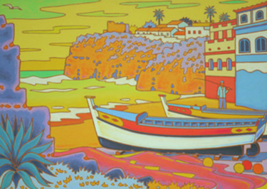 Painting titled "plage en Algarve" by Gilles Mével, Original Artwork, Acrylic Mounted on Wood Stretcher frame
