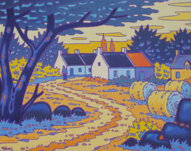 Painting titled "village breton" by Gilles Mével, Original Artwork, Acrylic Mounted on Wood Stretcher frame