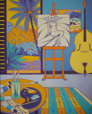 Картина под названием "atelier bleu" - Gilles Mével, Подлинное произведение искусства, Акрил Установлен на Деревянная рама д…