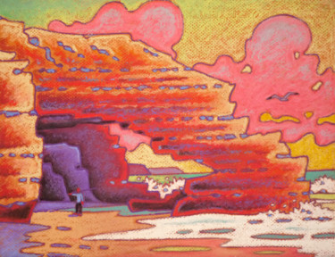 Painting titled "plage de Legzira" by Gilles Mével, Original Artwork, Pastel Mounted on Cardboard
