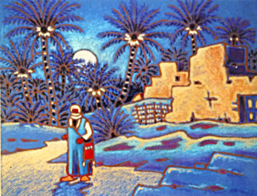 Pintura intitulada "nuit dans l' oasis" por Gilles Mével, Obras de arte originais, Pastel