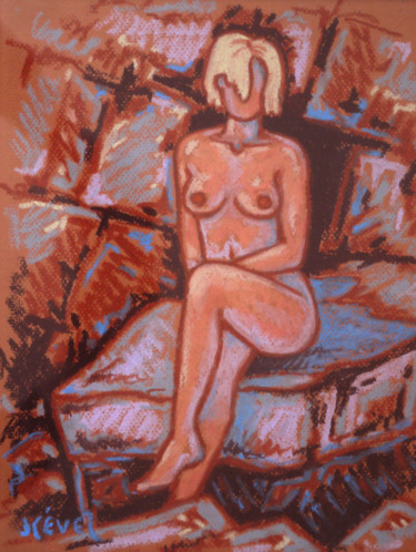 Painting titled "nu assis" by Gilles Mével, Original Artwork, Pastel Mounted on Cardboard