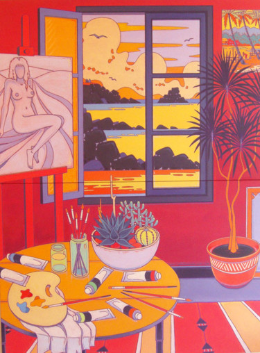 Pintura titulada "grand atelier rouge" por Gilles Mével, Obra de arte original, Acrílico Montado en Bastidor de camilla de m…