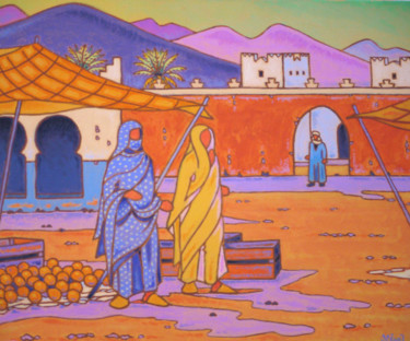 Painting titled "souk à Ifni" by Gilles Mével, Original Artwork, Acrylic Mounted on Wood Stretcher frame
