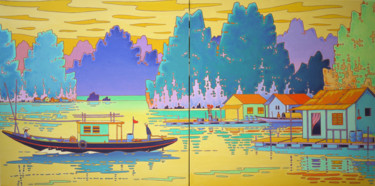 Painting titled "diptyque : Baie de…" by Gilles Mével, Original Artwork, Acrylic Mounted on Wood Stretcher frame