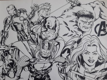 Dessin des Avengers réalisé au crayon et feutre pointe fine Drawing titled "Dessin des Avengers…" by Gilles Staub (LeCrayonAgile), Original Art, Pencil