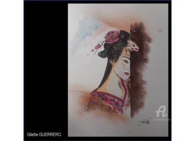 Peinture intitulée "ASIATIQUE" par Gilette Guerrero, Œuvre d'art originale, Aquarelle Monté sur Verre