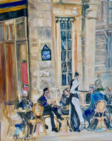 Painting titled "Cafe Nemours Paris" by Gina Son, Original Artwork, Oil