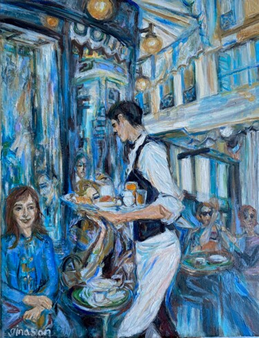 Painting titled "Cafe Dome Paris" by Gina Son, Original Artwork, Oil