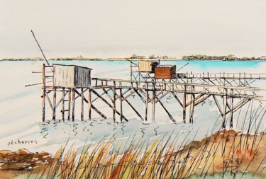 Painting titled "Carrelets" by Ginette Richard, Original Artwork, Watercolor