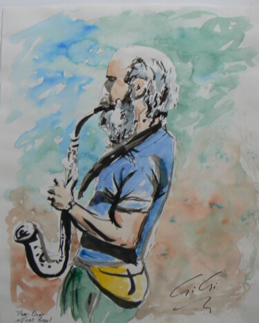 Painting titled "Tam-tam saxophone" by Ginette Richard, Original Artwork, Ink