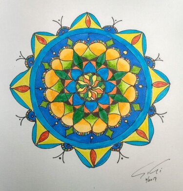 Рисунок под названием "Mandala coccinnelle" - Ginette Richard, Подлинное произведение искусства, Маркер