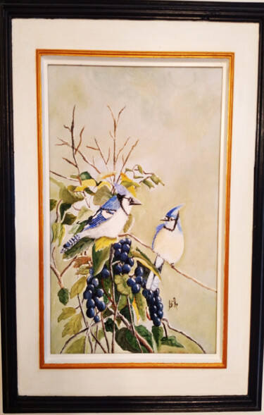 Painting titled "Les geais bleus" by Ginette Robichaud, Original Artwork, Oil Mounted on Wood Stretcher frame