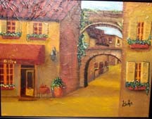 Painting titled "Le bistro" by Ginette Robichaud, Original Artwork, Oil
