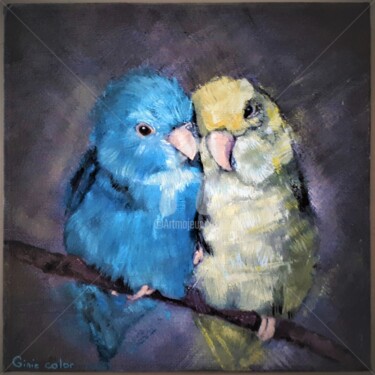 Painting titled "oiseaux" by Ginie Color, Original Artwork, Oil Mounted on Wood Stretcher frame
