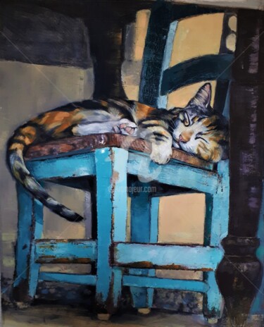 Pittura intitolato "chat endormi sur la…" da Ginie Color, Opera d'arte originale, Olio Montato su Telaio per barella in legno