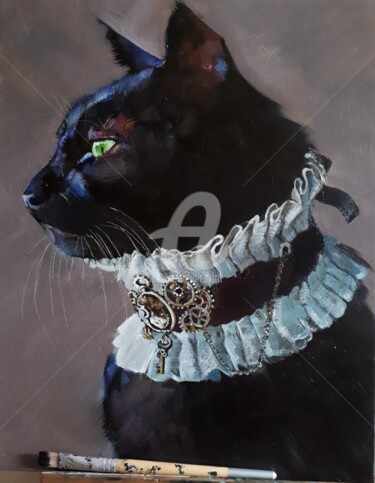 Painting titled "Sir blackcat,  mons…" by Ginie Color, Original Artwork, Oil Mounted on Wood Stretcher frame