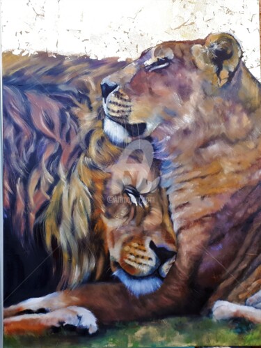Painting titled "Couple de lions (hu…" by Ginie Color, Original Artwork, Oil Mounted on Wood Stretcher frame