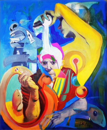 Painting titled ""Genio visionario:…" by Giò Pasta, Original Artwork, Oil Mounted on Wood Stretcher frame