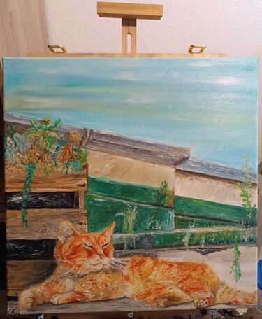 Painting titled "A cat named Wally" by Gioele Rieder, Original Artwork, Oil Mounted on Wood Stretcher frame