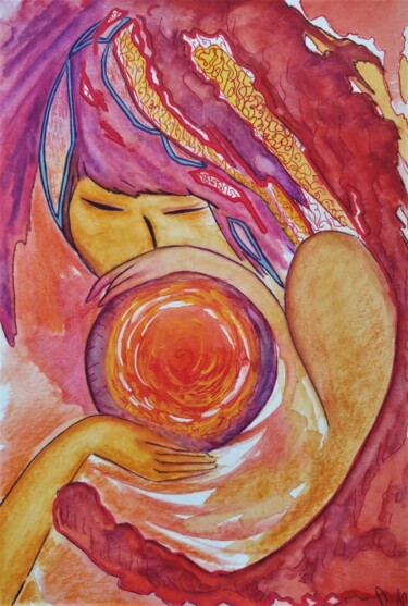 Painting titled "Femme feu (Fire wom…" by Gioia Albano, Original Artwork, Watercolor