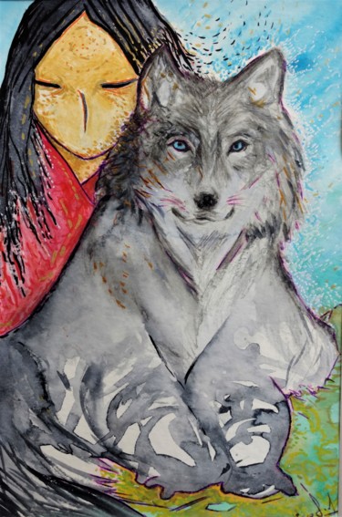 Painting titled "La louve (She wolf)" by Gioia Albano, Original Artwork, Watercolor