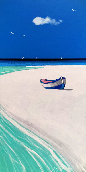 Peinture intitulée "Barca nel blu" par Gio Mondelli, Œuvre d'art originale, Acrylique Monté sur Panneau de bois