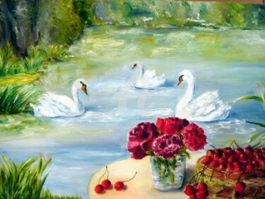 Painting titled "lago con cigni" by Giordana Bussoli, Original Artwork