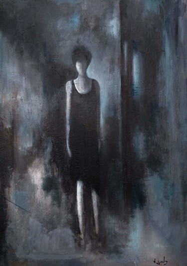 Painting titled "The girl in a black…" by Mamuka Georgadze, Original Artwork, Oil Mounted on Wood Stretcher frame